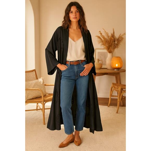 Vintage 70s Abaya Kimono Robe O/S Embroidered Longline Duster Jacket Black - Picture 3 of 11